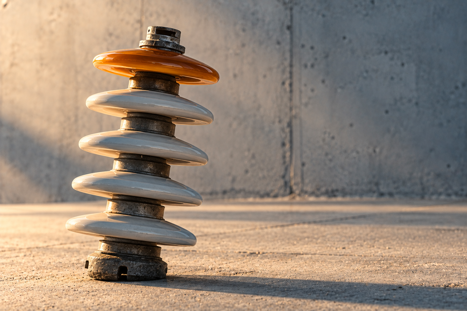 A tall stack of ceramic high-voltage insulator discs on a bare concrete floor, leaning slightly, the top disc glazed amber.