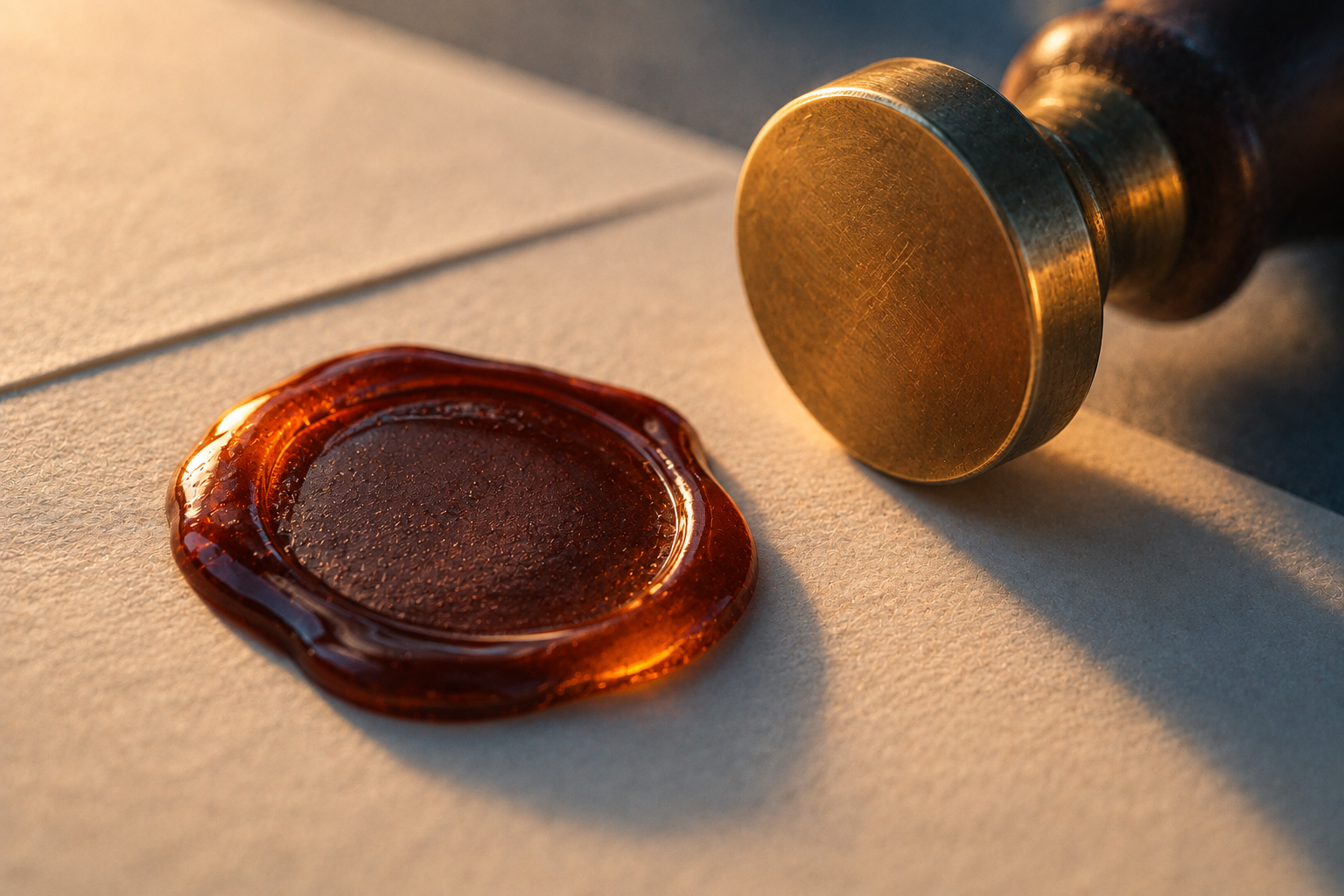 A macro still life of a drop of dark sealing wax cooling on cream paper beside a plain brass seal, one amber highlight on the wax.