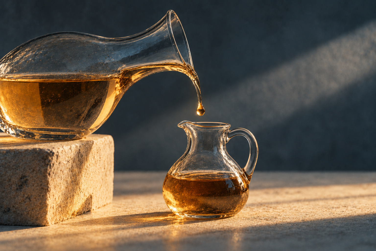 A glass carafe pours into a smaller vessel on warm sand, one amber drop caught in the light between them.