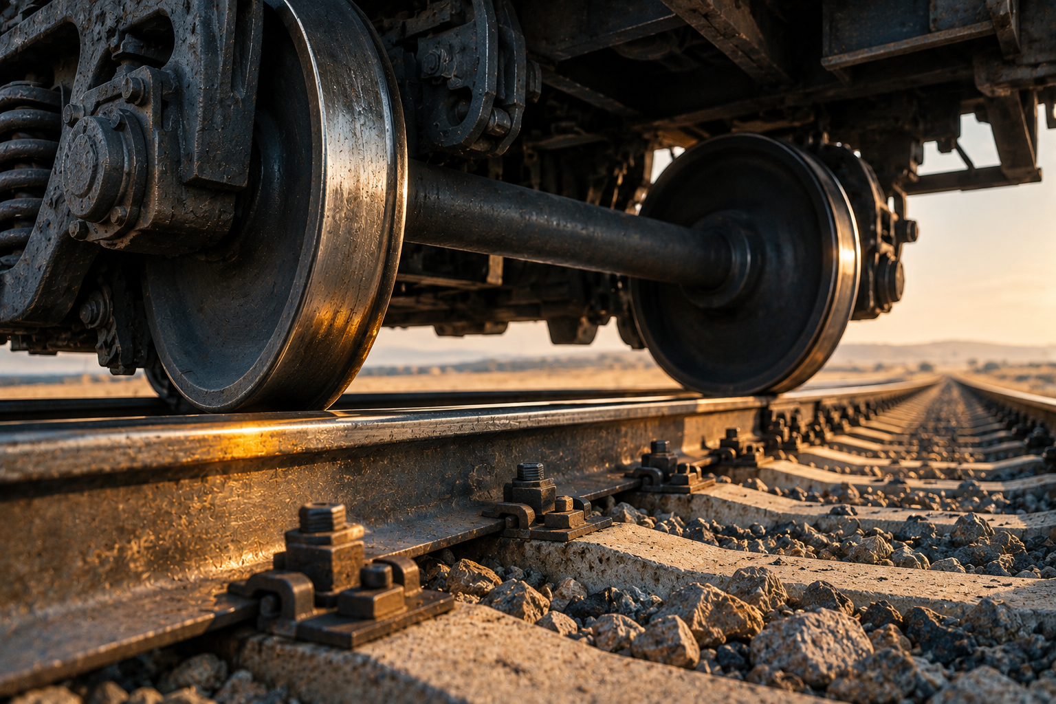 A freight wagon’s wheel set seen from rail level on a wide-gauge track, with one amber marker on the rail head.