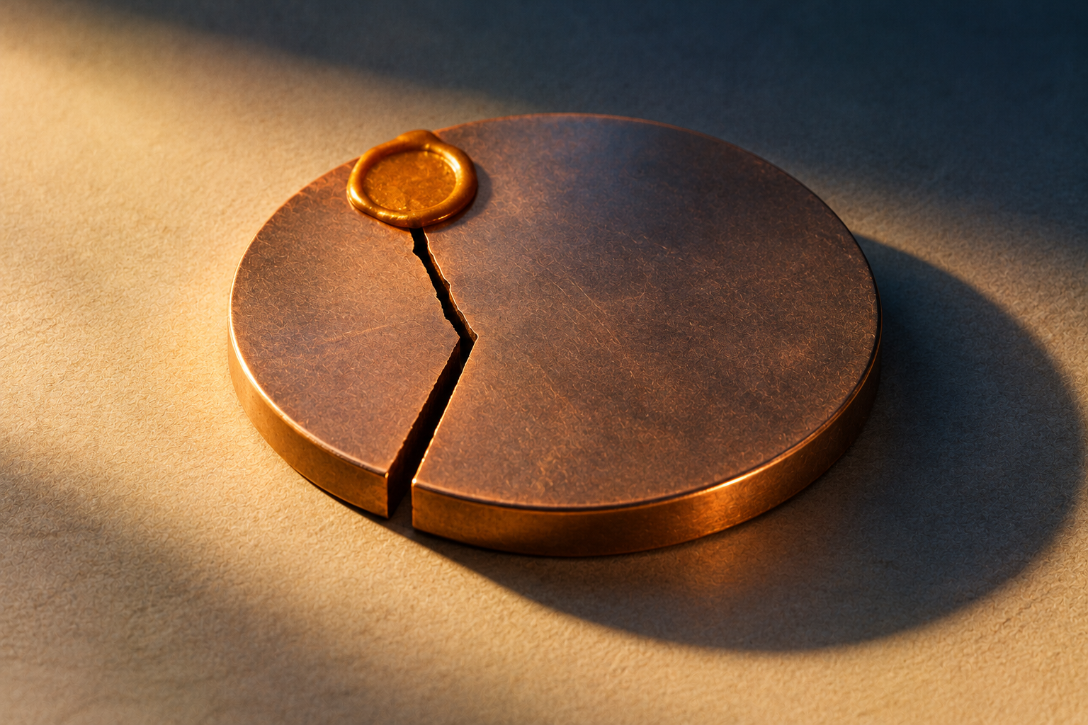 A copper disc cracked into a smaller and a larger part, with an amber wax seal on the smaller part.