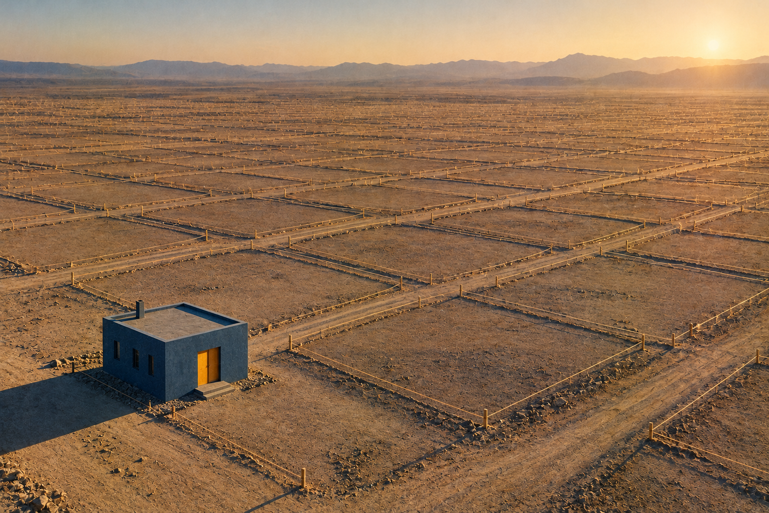 A lone slate-blue building with an amber door in a desert divided into staked and roped plots at low sun.