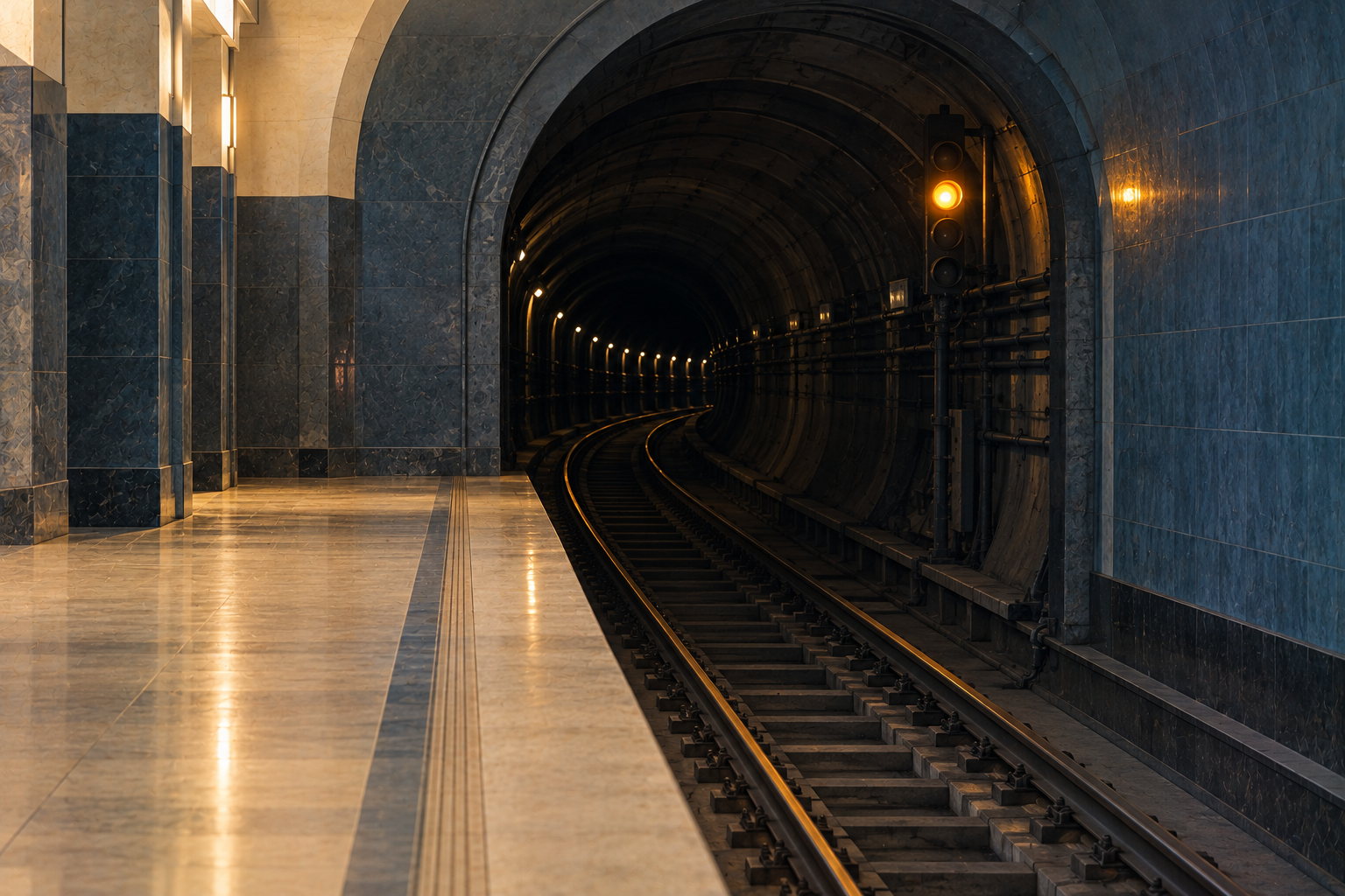 A metro platform opening onto a curved tunnel with a single amber signal glowing above the rails.