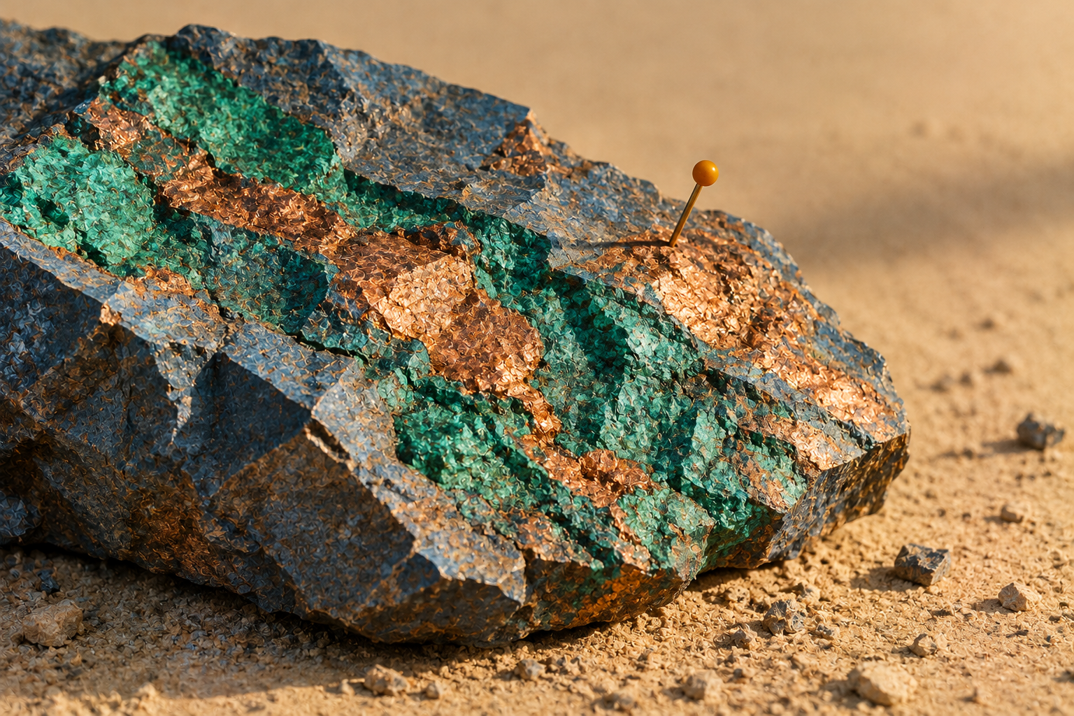 A slate-blue rock face veined with green and copper ore with a single amber pin stuck in its surface on sandy ground.
