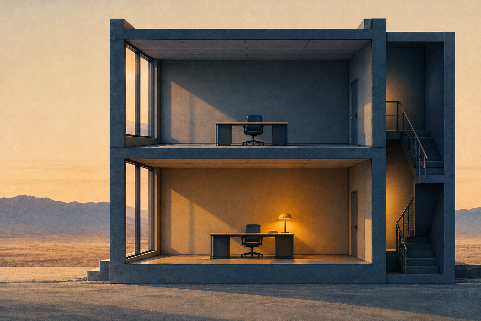 A two-storey concrete building in cross-section on a desert plain, the lower office lit by an amber lamp and the upper office empty.