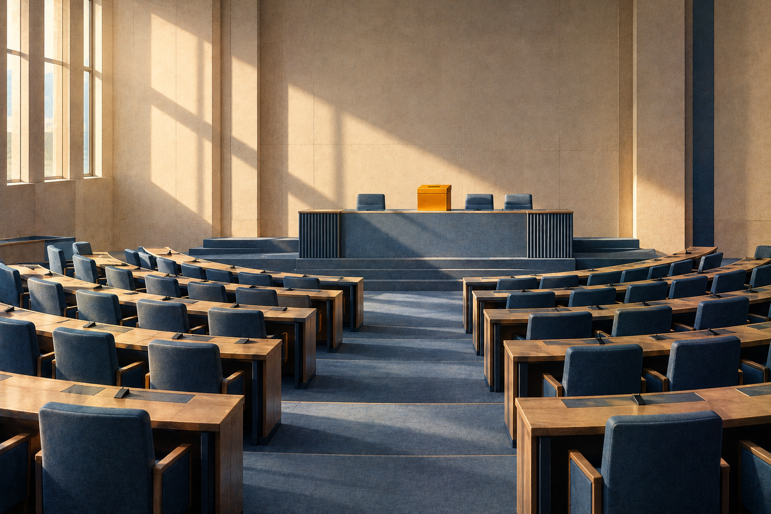 An empty semicircular assembly hall with rows of slate-blue seats and a single amber ballot box on the presiding table.