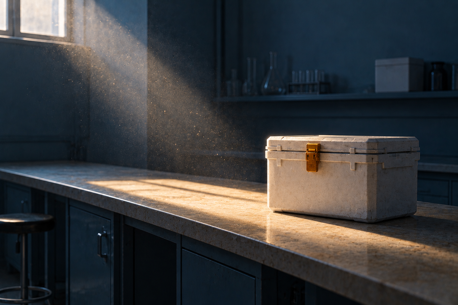 A sealed white sample-transport box alone on a long empty laboratory bench, a shaft of daylight from a high window stopping short of it, with one amber latch.
