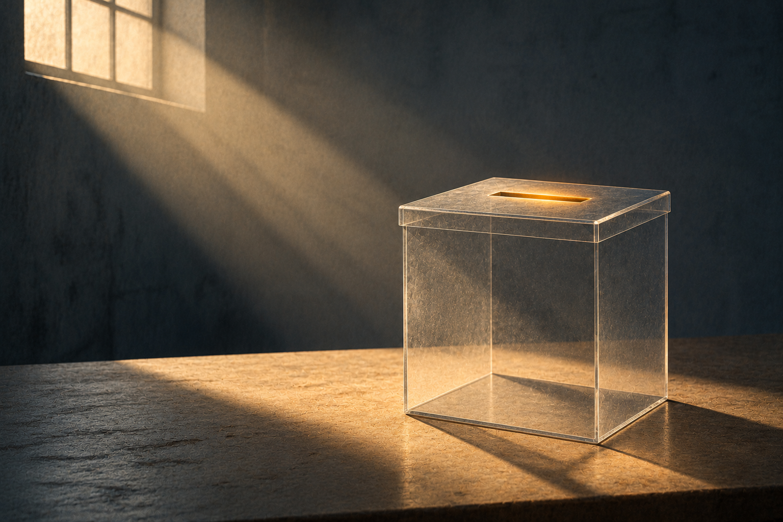 A translucent ballot box on a sand-coloured table, lit by one shaft of light that turns the edge of its slot amber.