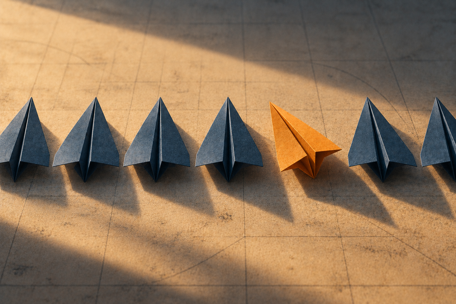 A row of folded paper planes on a drafting table, one amber plane turned out of line.