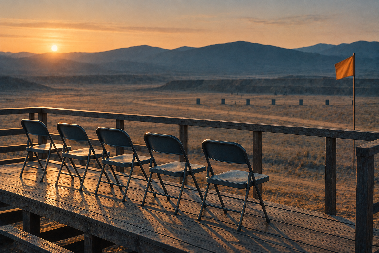 An empty observers' stand with five folding chairs on a training range at dawn.