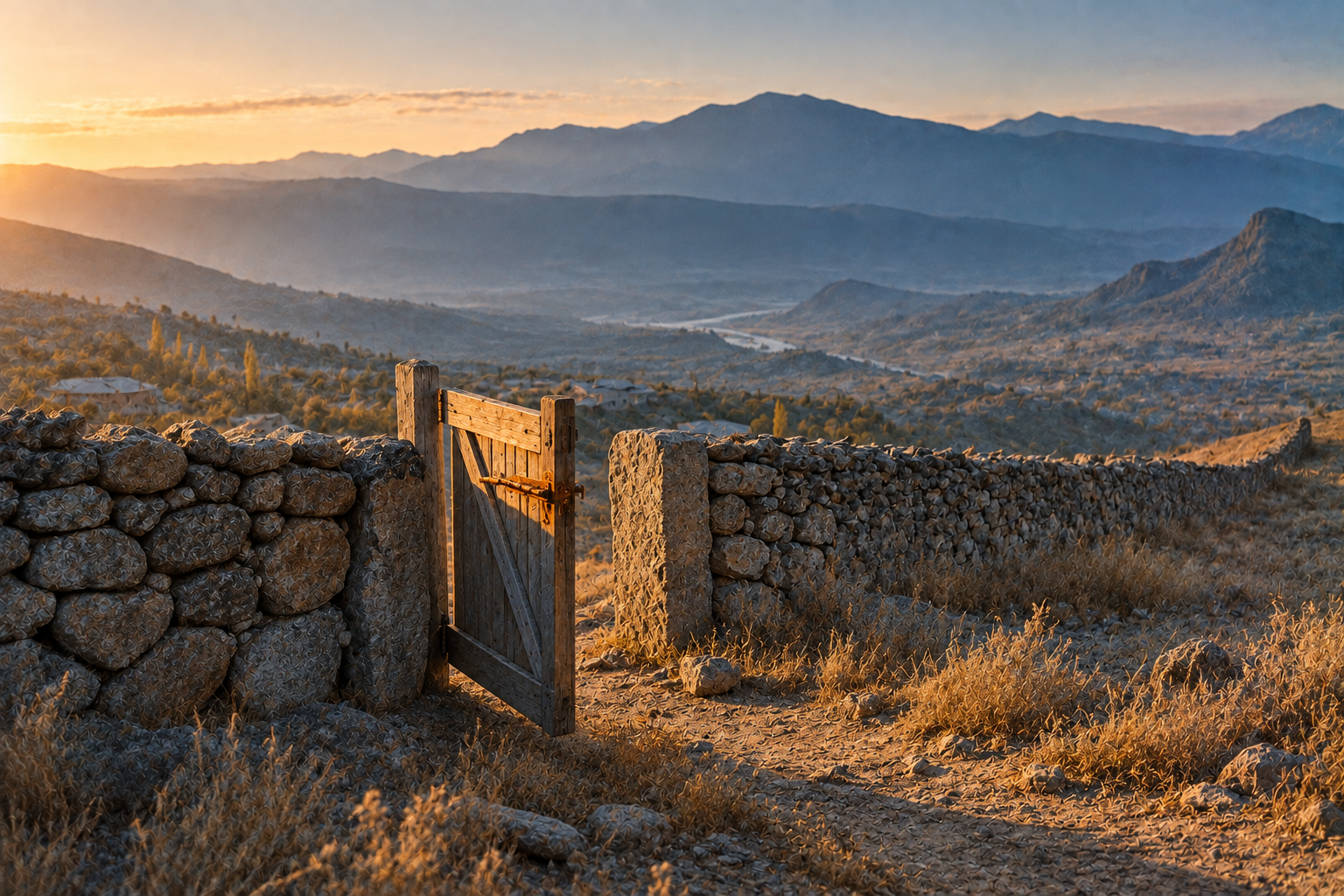 An open wooden garden gate in a long drystone wall at the edge of a mountain village under a high ridge at dawn.