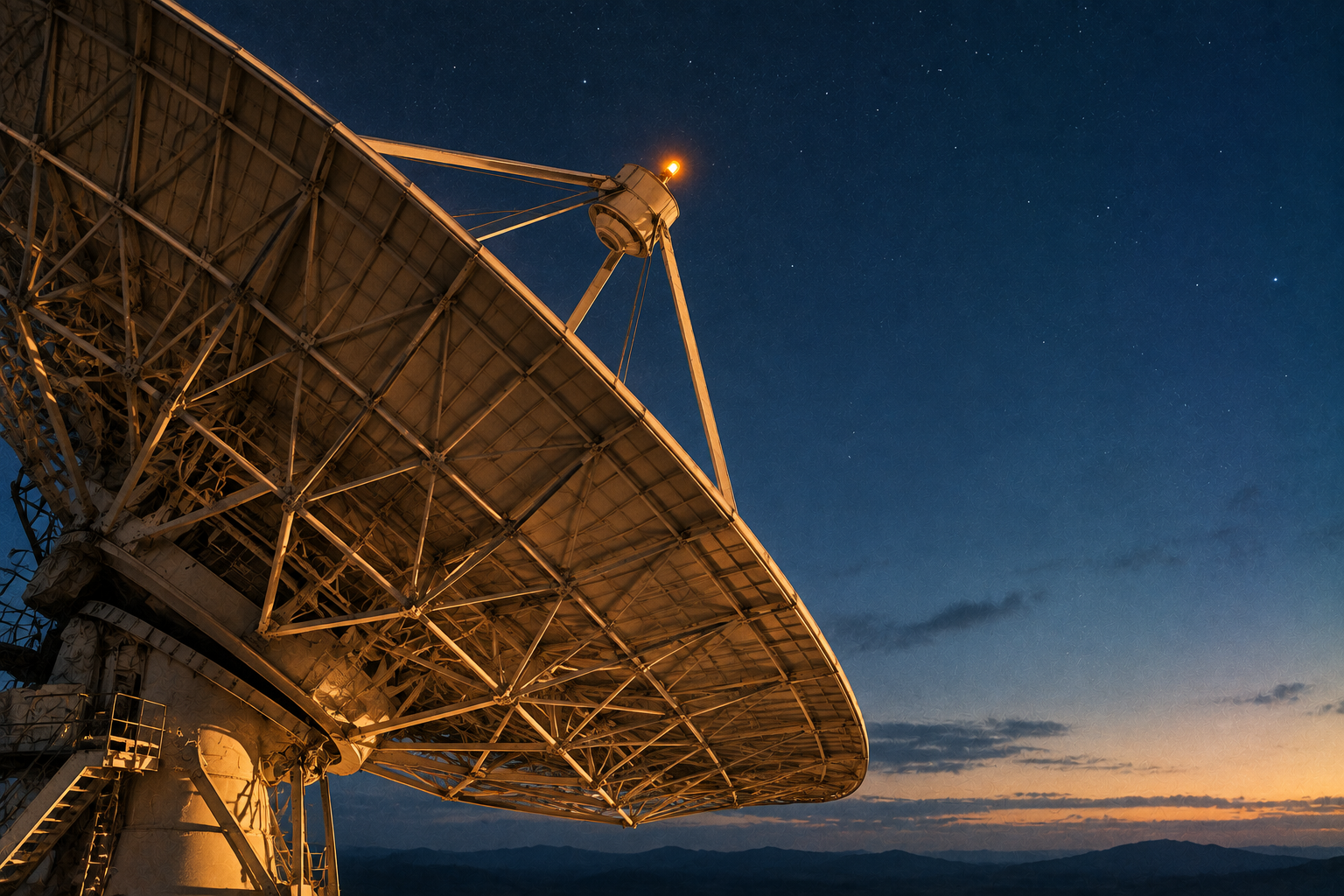The rim of a ground-station dish antenna against a pre-dawn sky, one amber signal lamp at the feed.