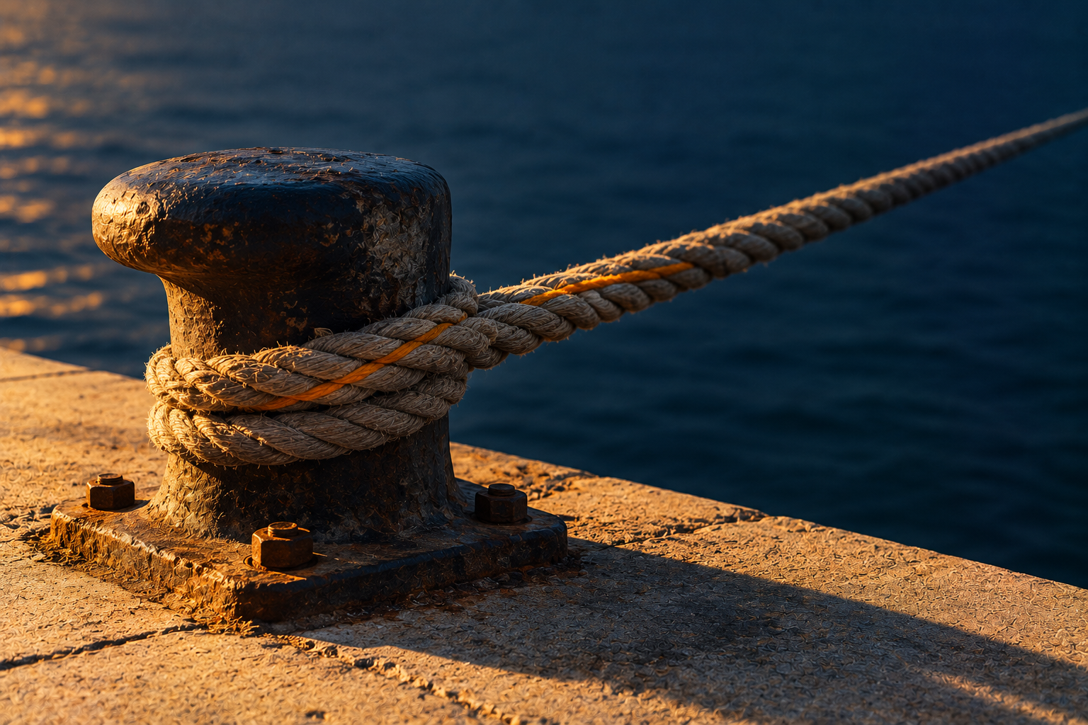 A single taut mooring rope running from an iron bollard on a sand-coloured quay into darkness.