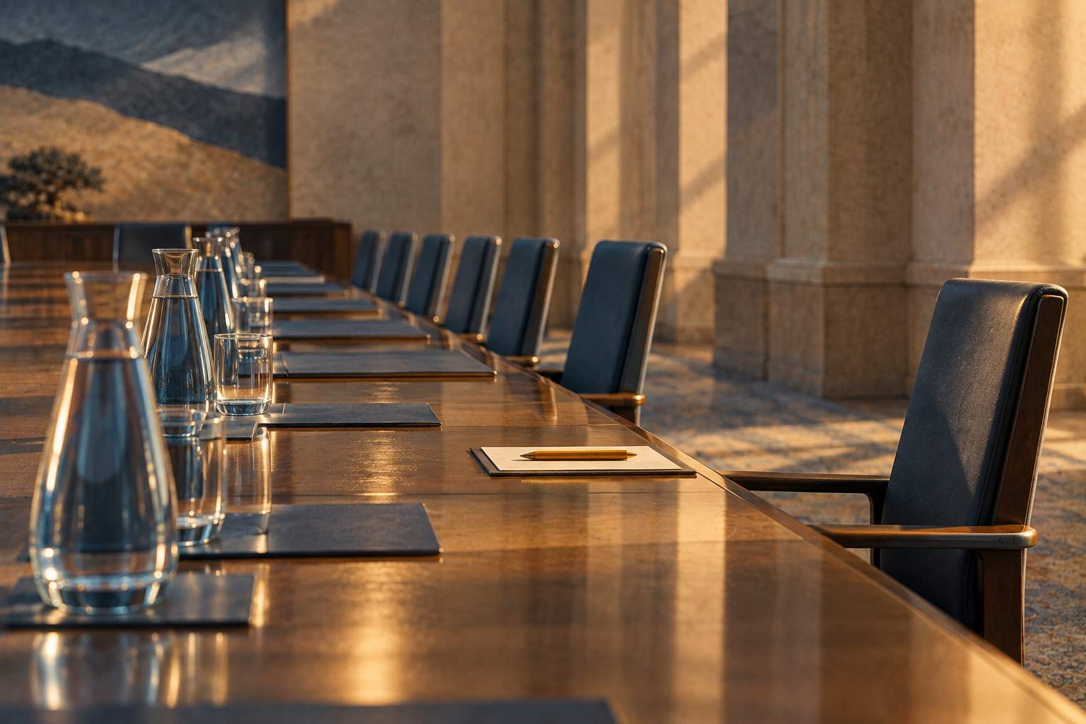 A long conference table with a row of identical water carafes, one place empty and its chair pushed back.
