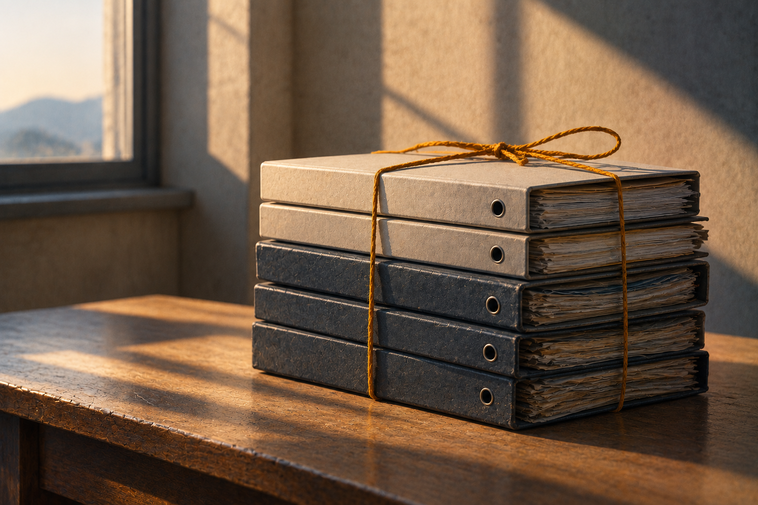 Five grey case folders stacked on a wooden desk and tied with an amber string, the two on top newer than the rest.