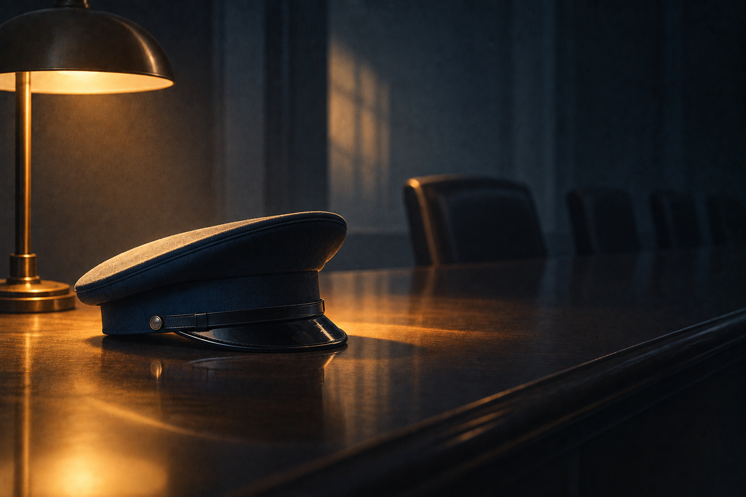 An officer's peaked cap without insignia lies under a single warm lamp on a dark polished table, with empty chairs in the shadow behind it.