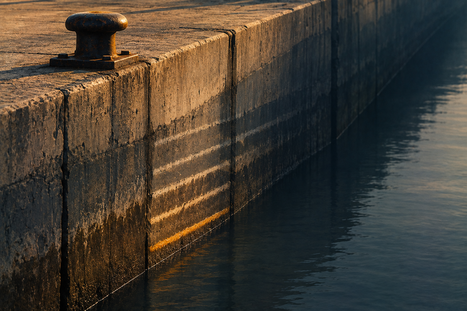 A concrete quay wall with a mooring bollard on top and a series of old waterline marks stepping down to a strip of water far below.