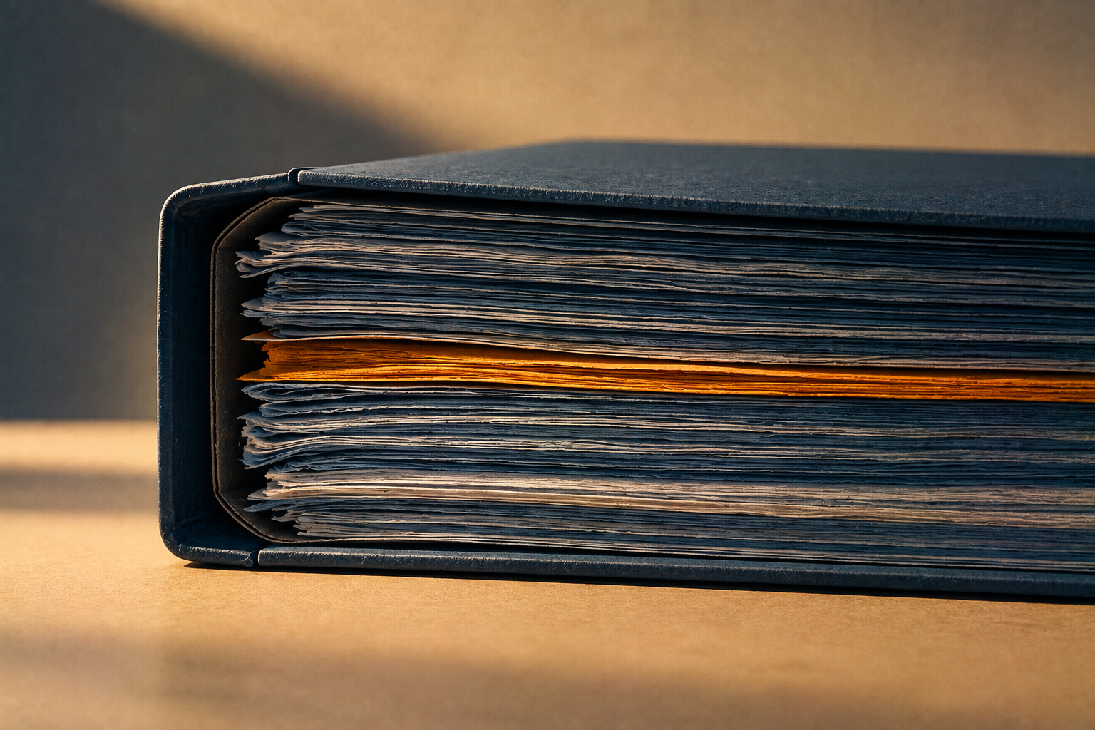 The edge of a thick case binder seen end-on, its pages stacked in layers with one amber sheet deep inside.