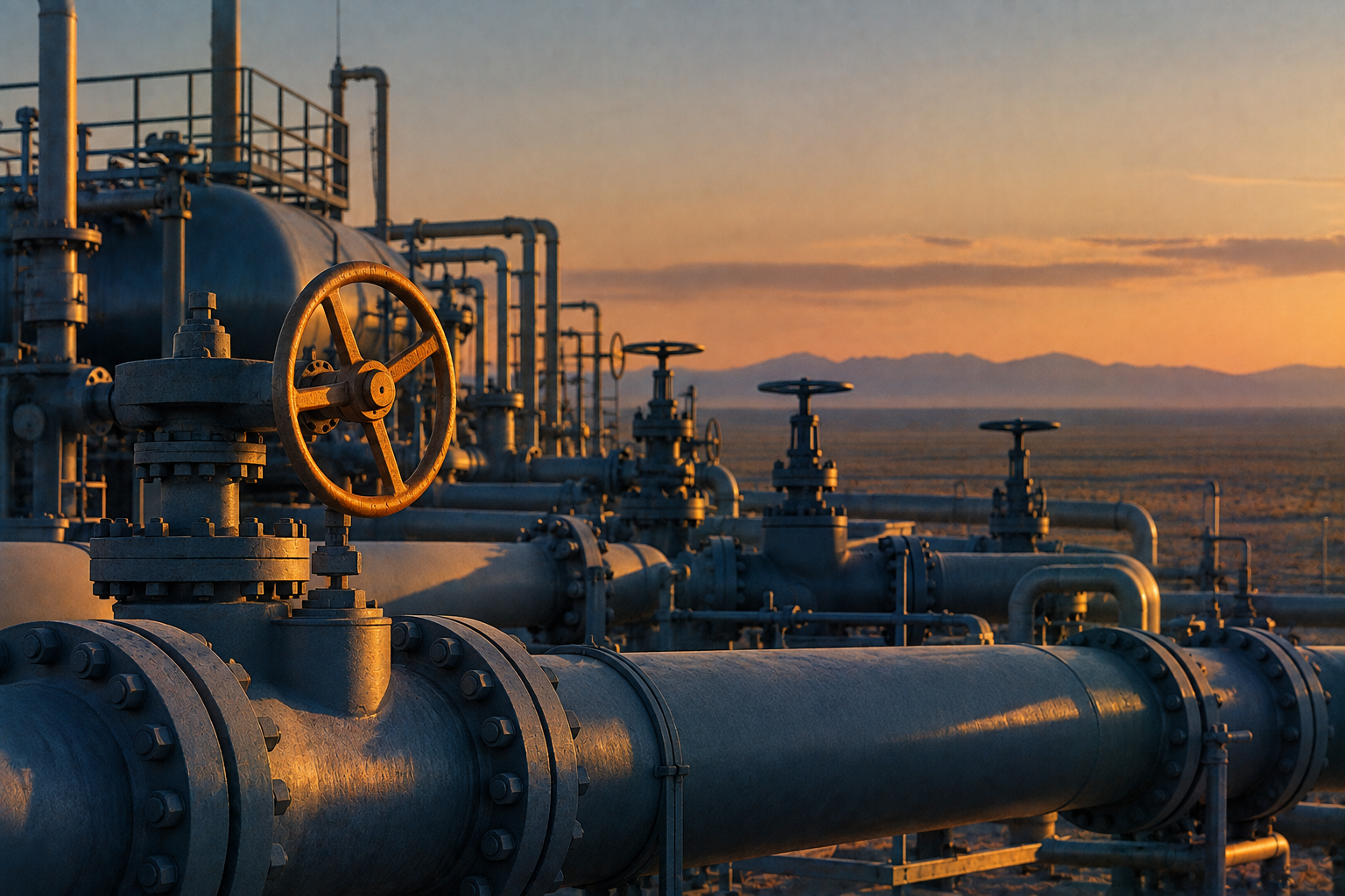 Pipework and valve wheels at a gas compressor station on a desert plateau at dusk, one wheel catching amber light.