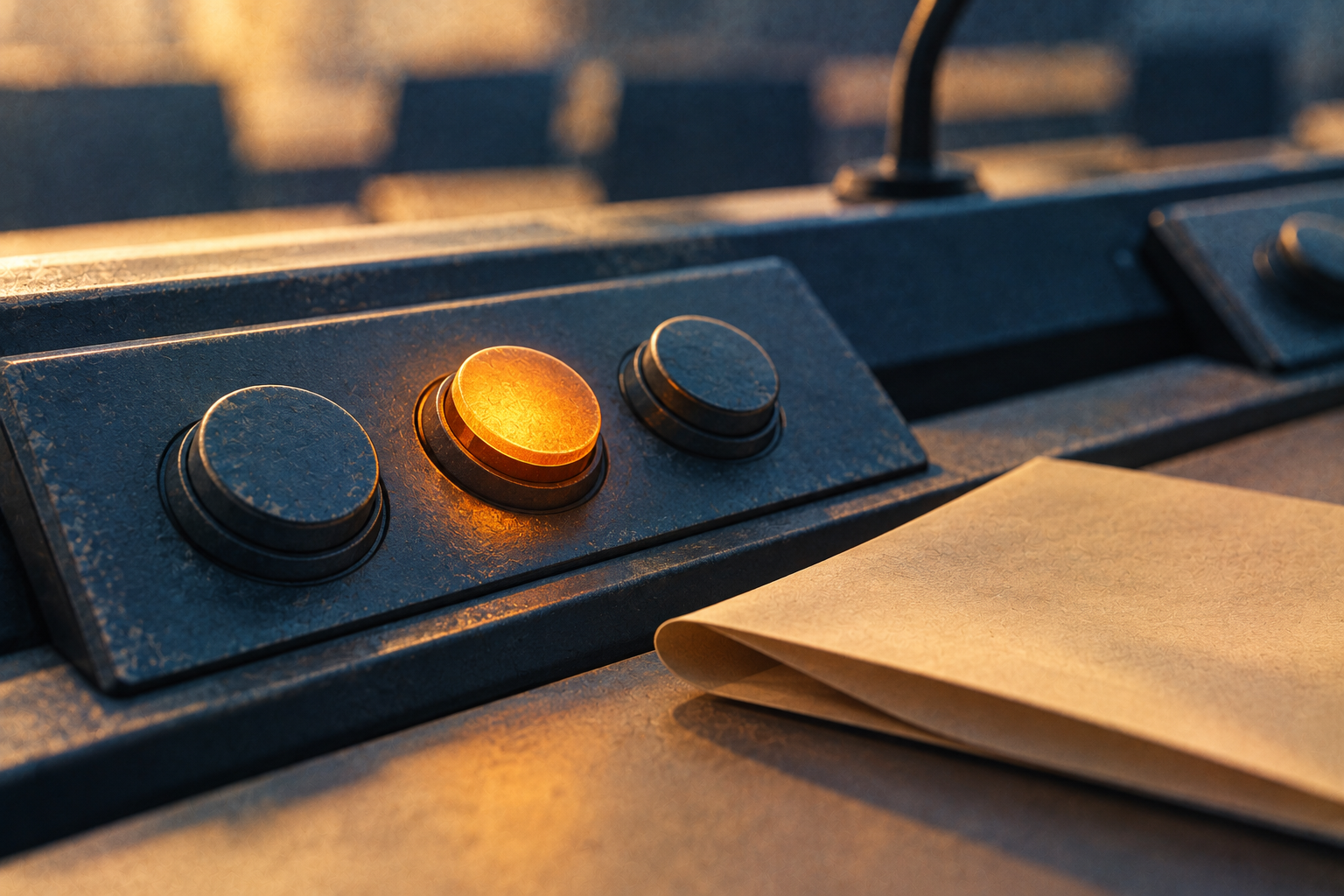 Close-up of a voting console with three worn round buttons, the middle one lit amber, beside a folded sheet of paper.