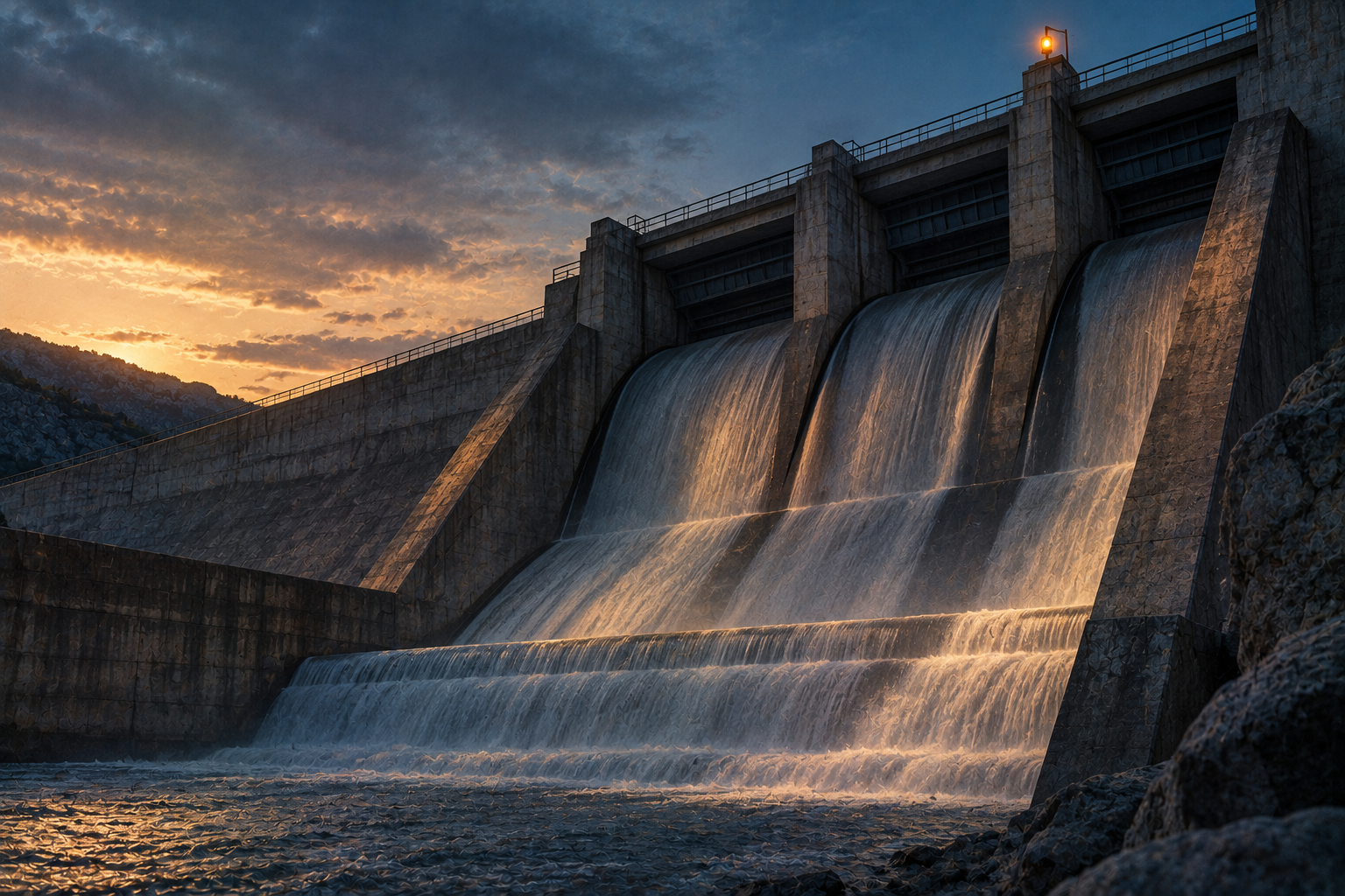 A concrete dam spilling water through three gates at dusk with a single amber lamp on the parapet.