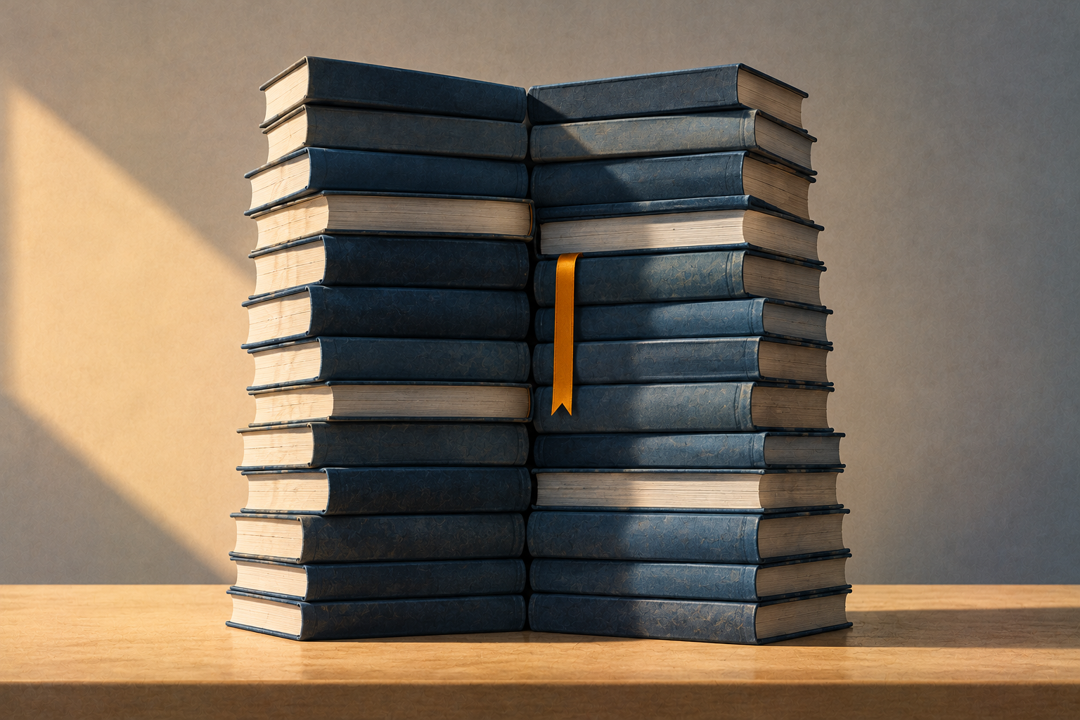 Two tall stacks of slate-blue textbooks pushed into one column on a sand-colored desk, an amber ribbon marking the middle.