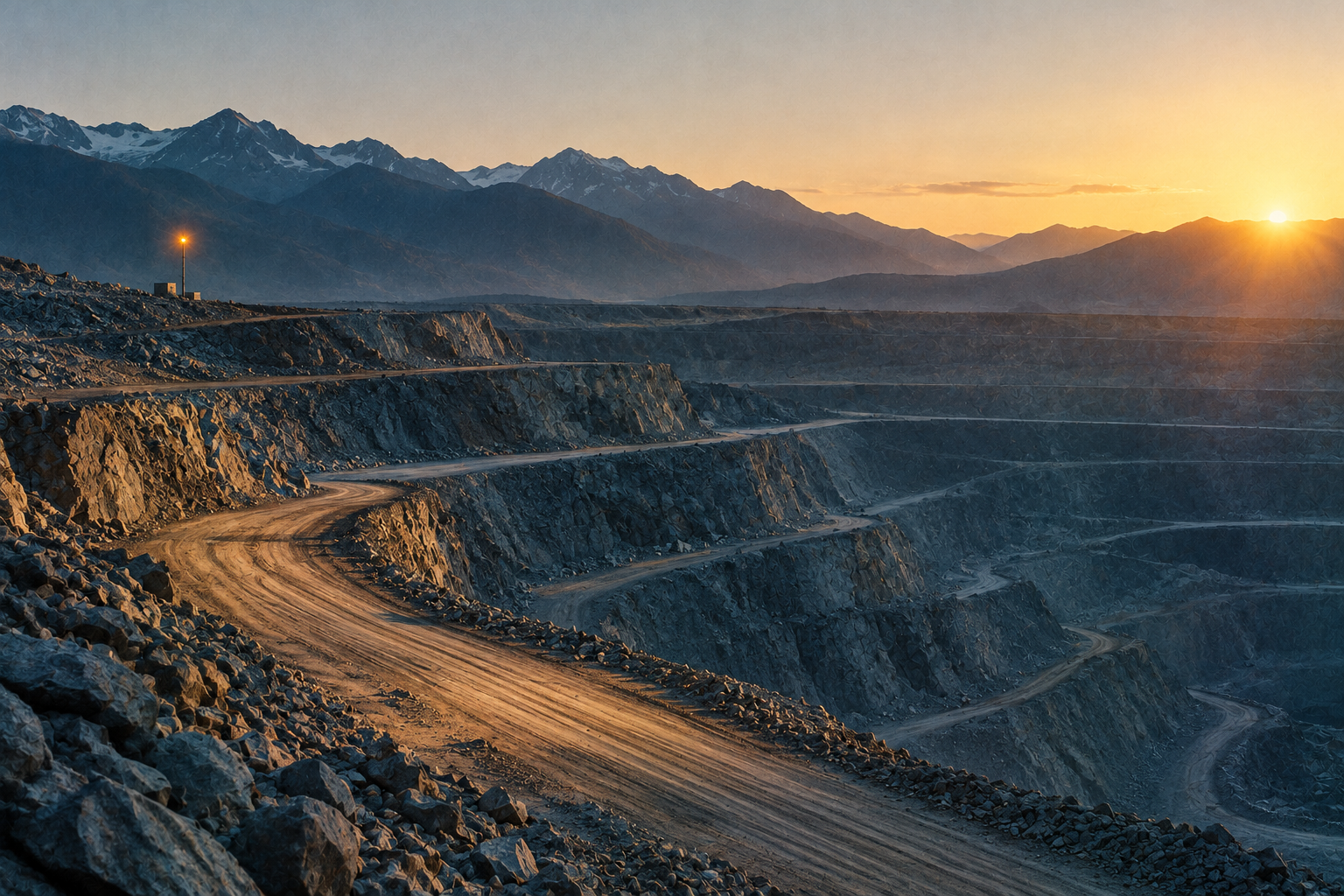 A terraced open-pit mine bench in a mountain valley at dawn, with one amber lamp on a distant post.
